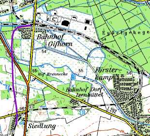 Linienänderung am Bahnhof Isenbüttel-Gifhorn (alte Streckenführung in Lila)